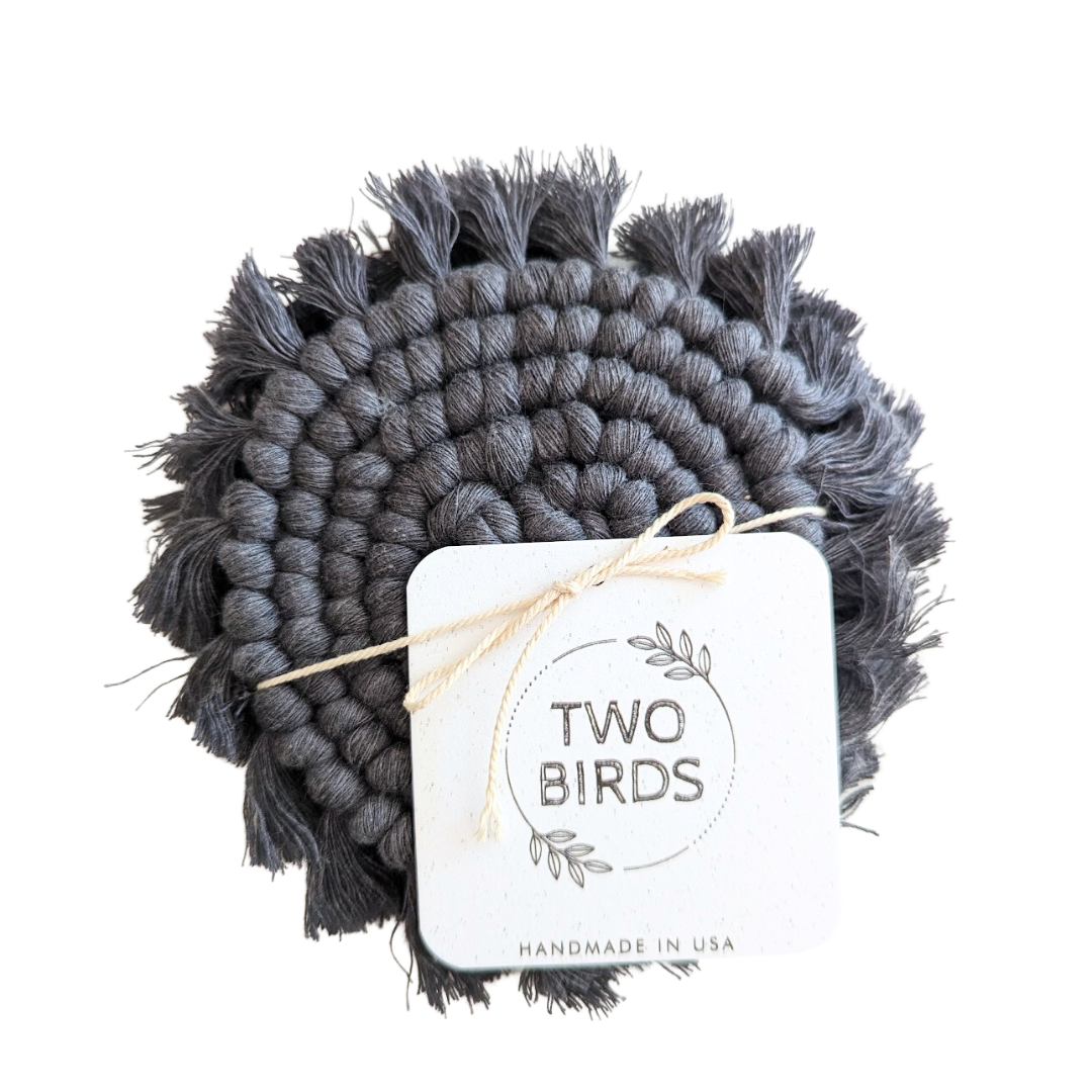 Macrame Set of 2 Coasters - Charcoal