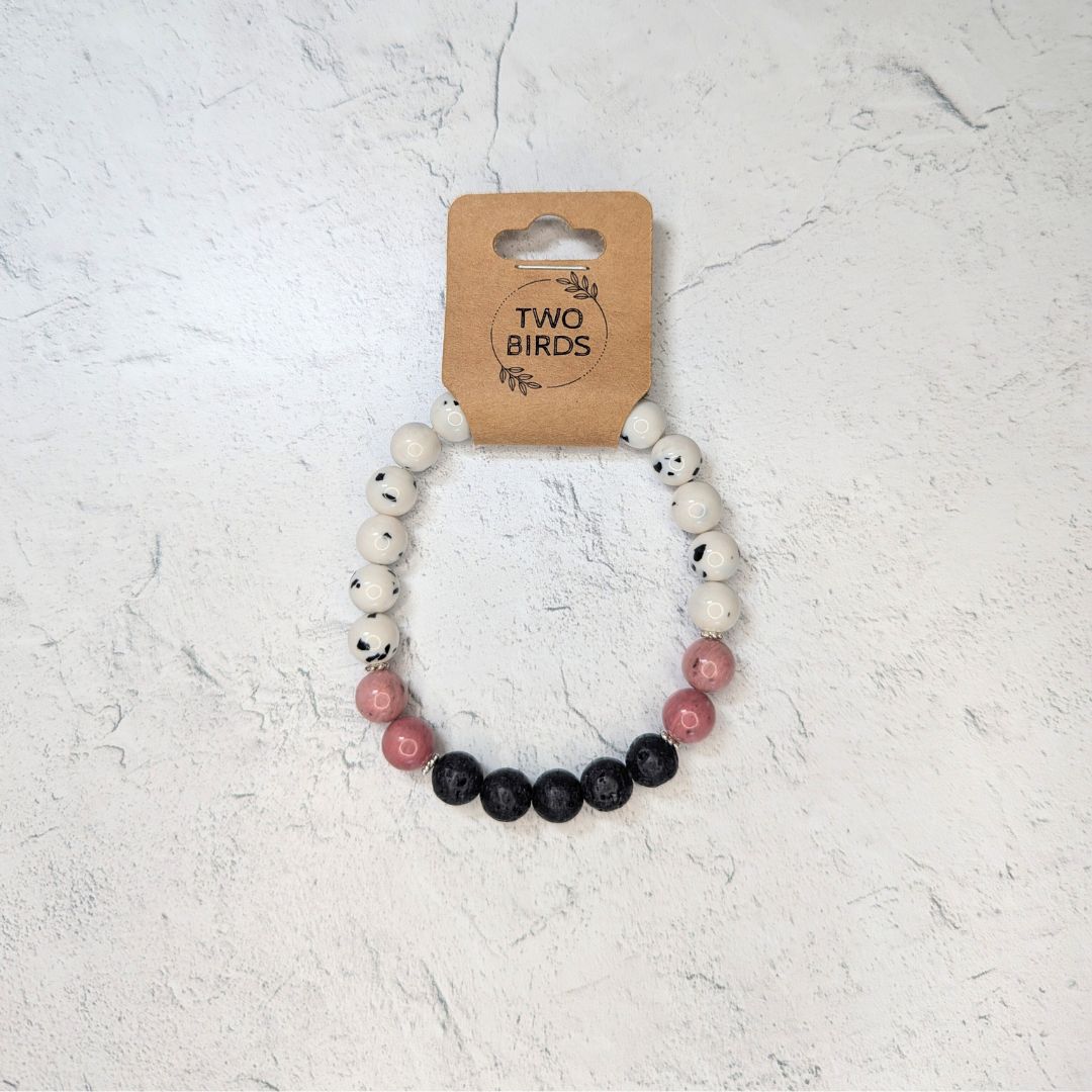 Gemstone Diffuser Bracelet - Dalmatian Jade + Pink Rhodonite + Lava Rock