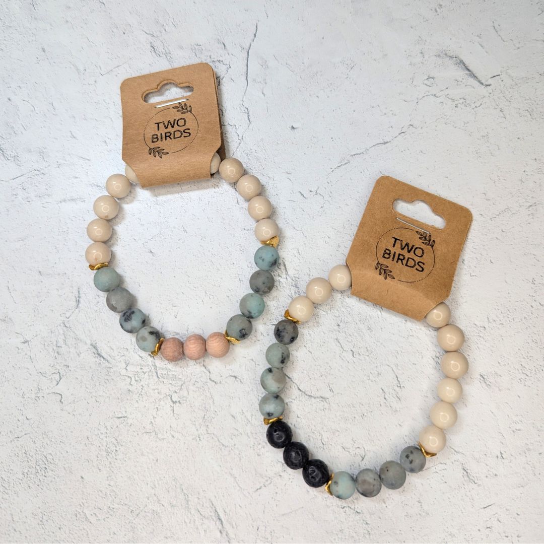 Gemstone Diffuser Bracelet - Fossil Jasper + Kiwi Jasper + Lava Rock