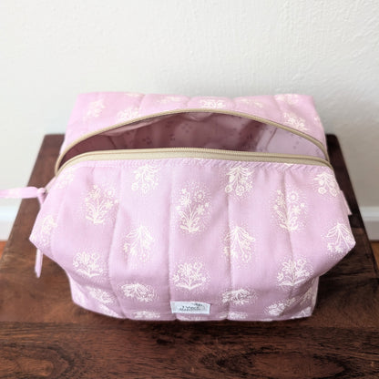 Large Quilted Cosmetic Bag - Lilac Stamp