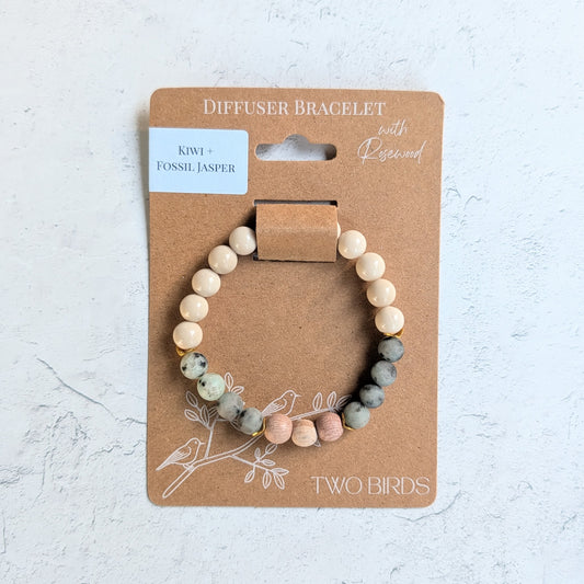 Gemstone Diffuser Bracelet - Fossil Jasper + Kiwi Jasper + Rosewood