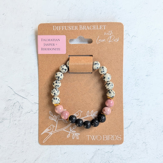 Gemstone Diffuser Bracelet - Dalmatian Jade + Pink Rhodonite + Lava Rock