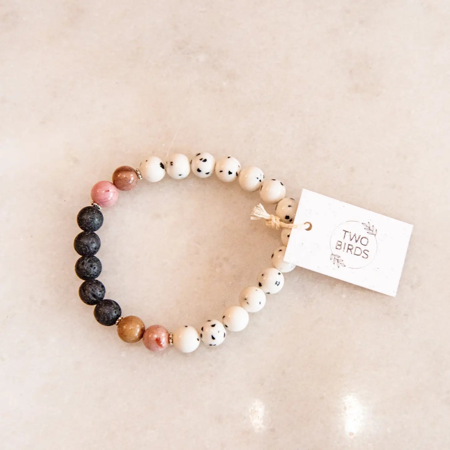 Gemstone Diffuser Bracelet - Dalmatian Jade + Pink Rhodonite + Lava Rock