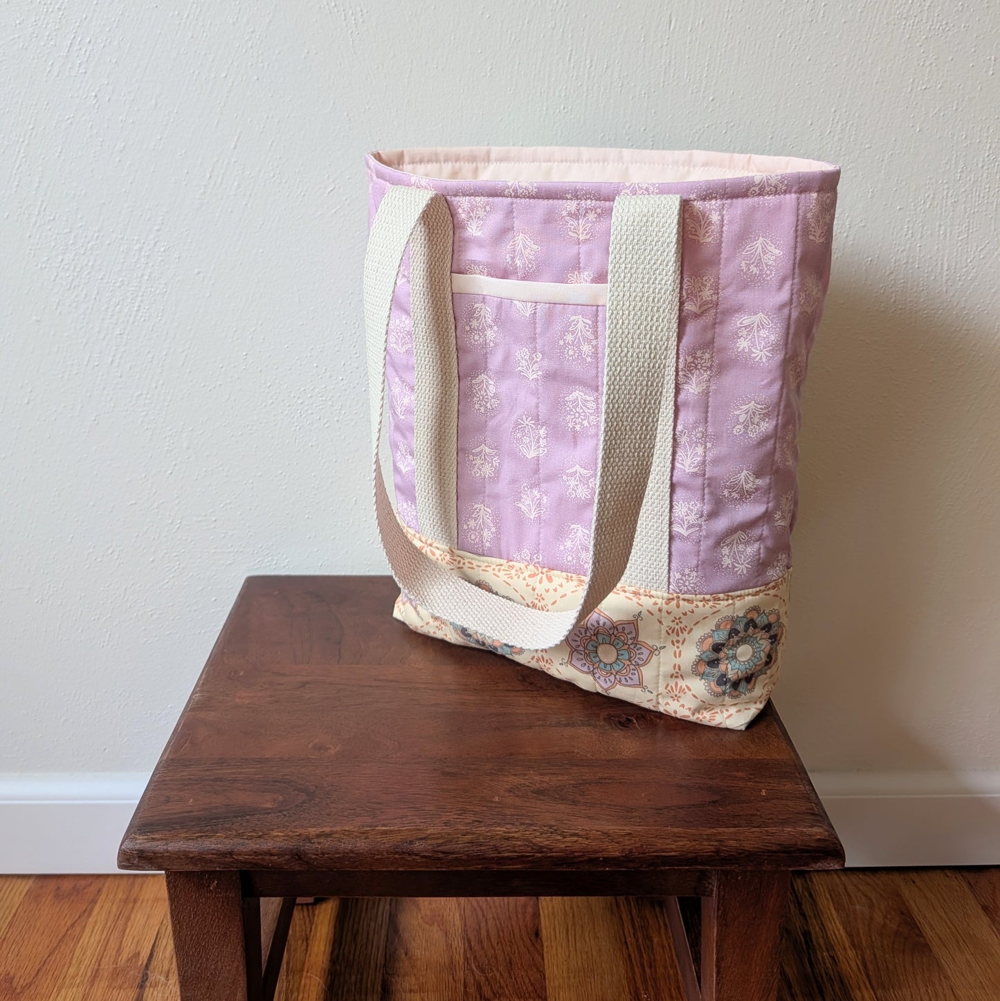Quilted Two-Tone Tote Bag - Lilac Stamp