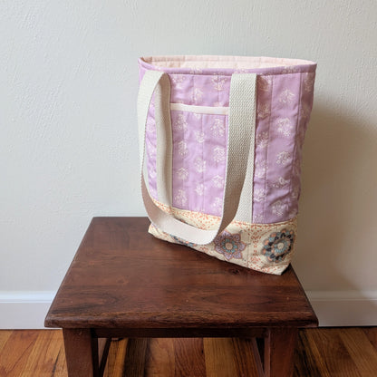 Quilted Two-Tone Tote Bag - Lilac Stamp