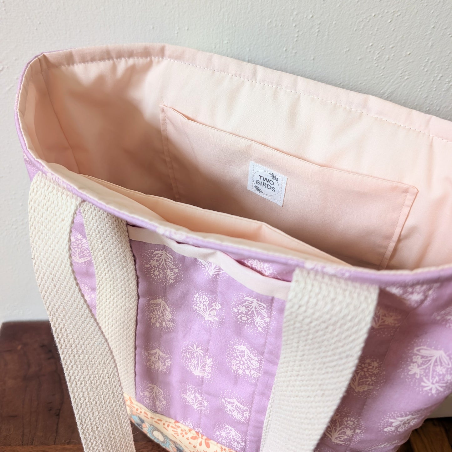 Quilted Two-Tone Tote Bag - Lilac Stamp