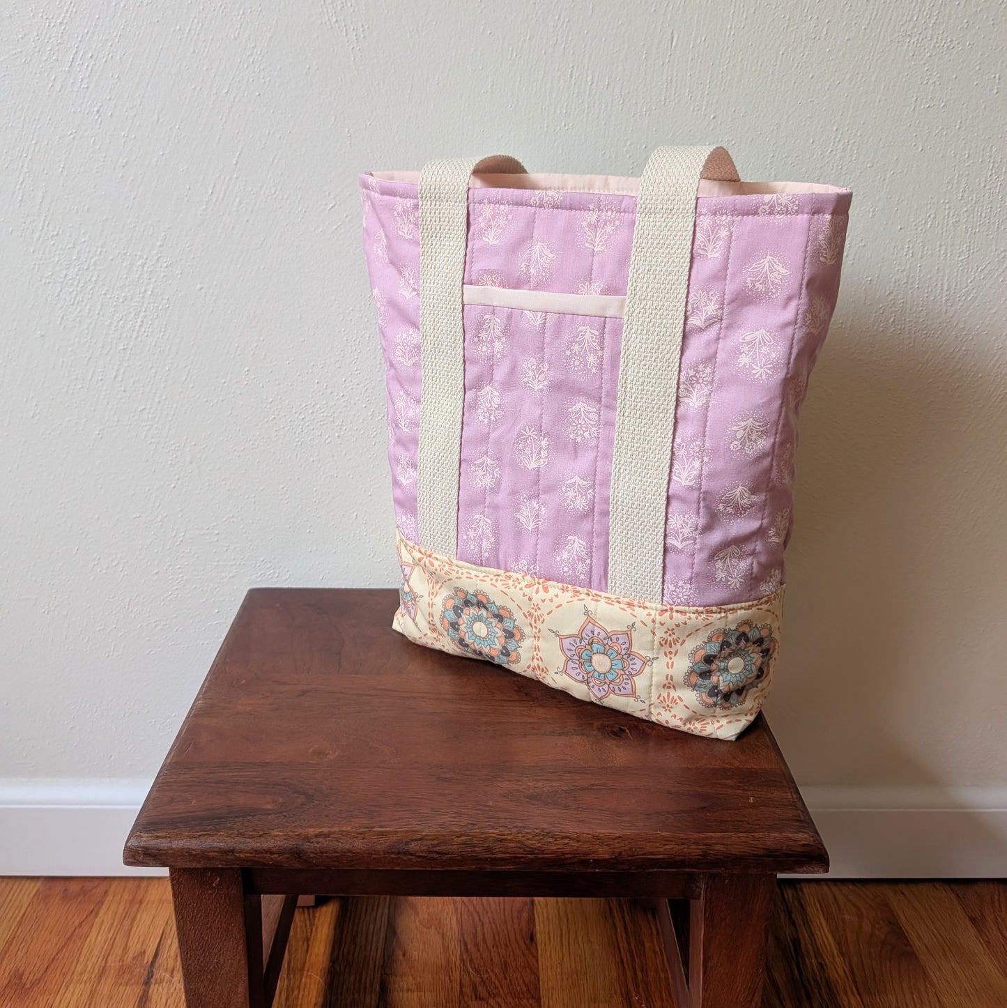 Quilted Two-Tone Tote Bag - Lilac Stamp
