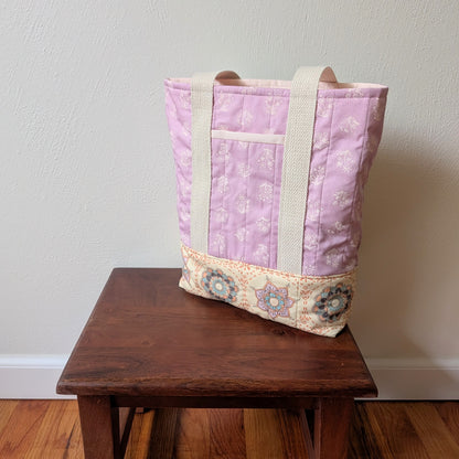 Quilted Two-Tone Tote Bag - Lilac Stamp