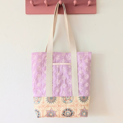 Quilted Two-Tone Tote Bag - Lilac Stamp