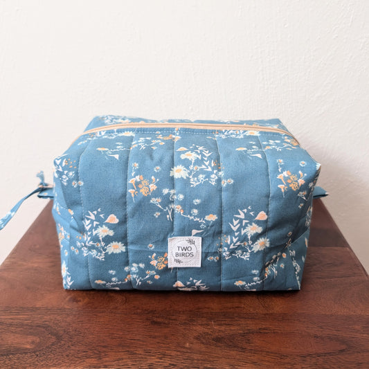 Large Quilted Cosmetic Bag - Blue Chamomile
