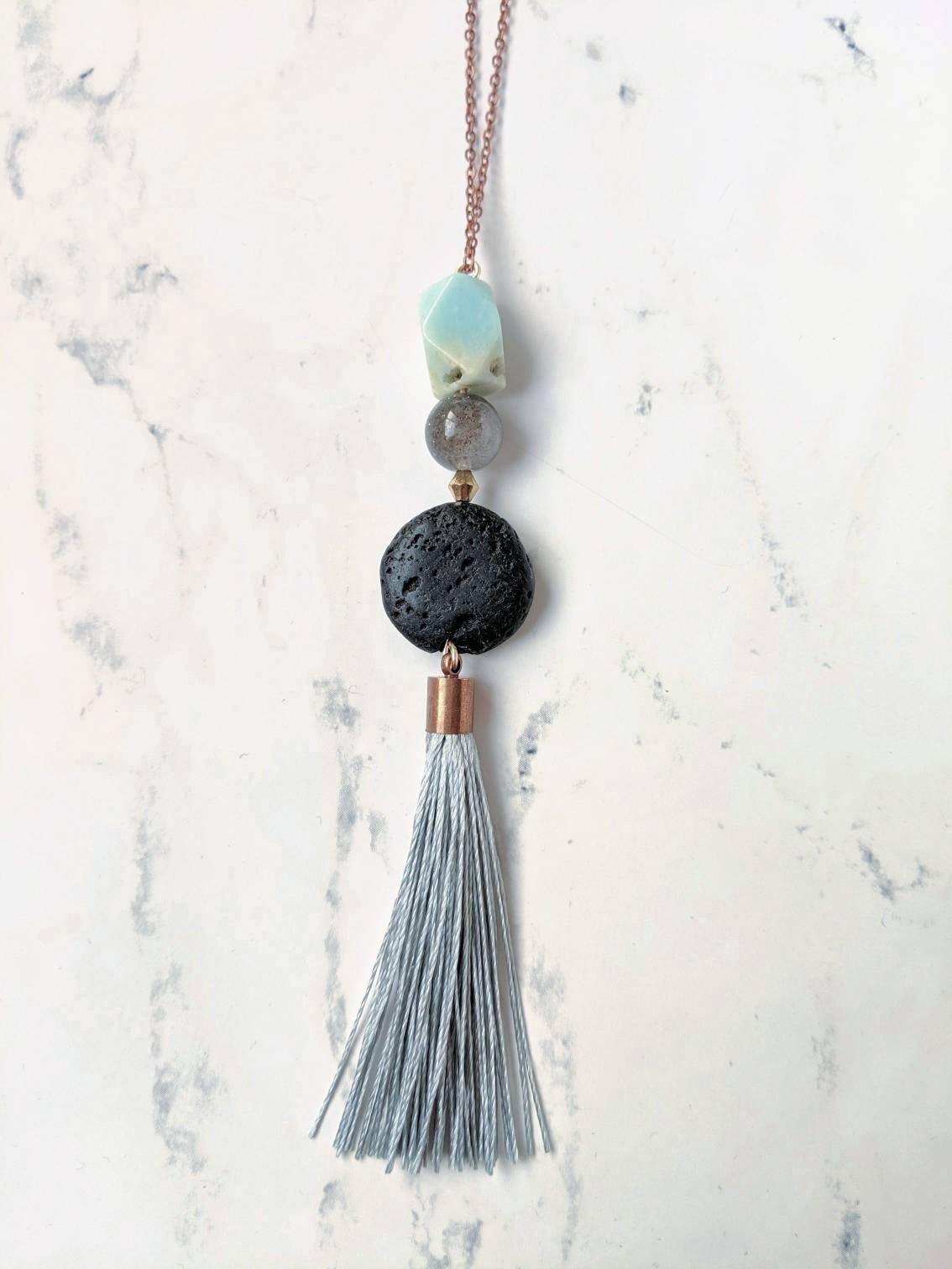 Tassel Diffuser Necklace with Amazonite & Jade