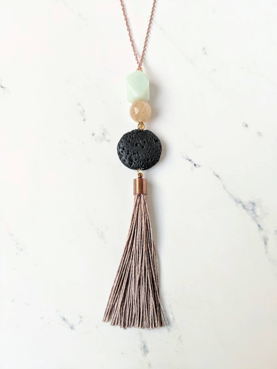 Tassel Diffuser Necklace with Amazonite & Jade