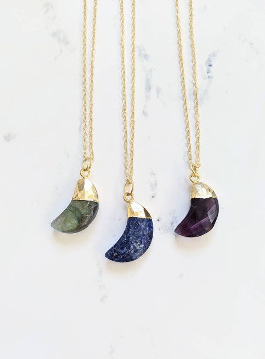Gemstone Crescent Moon Charm Necklace
